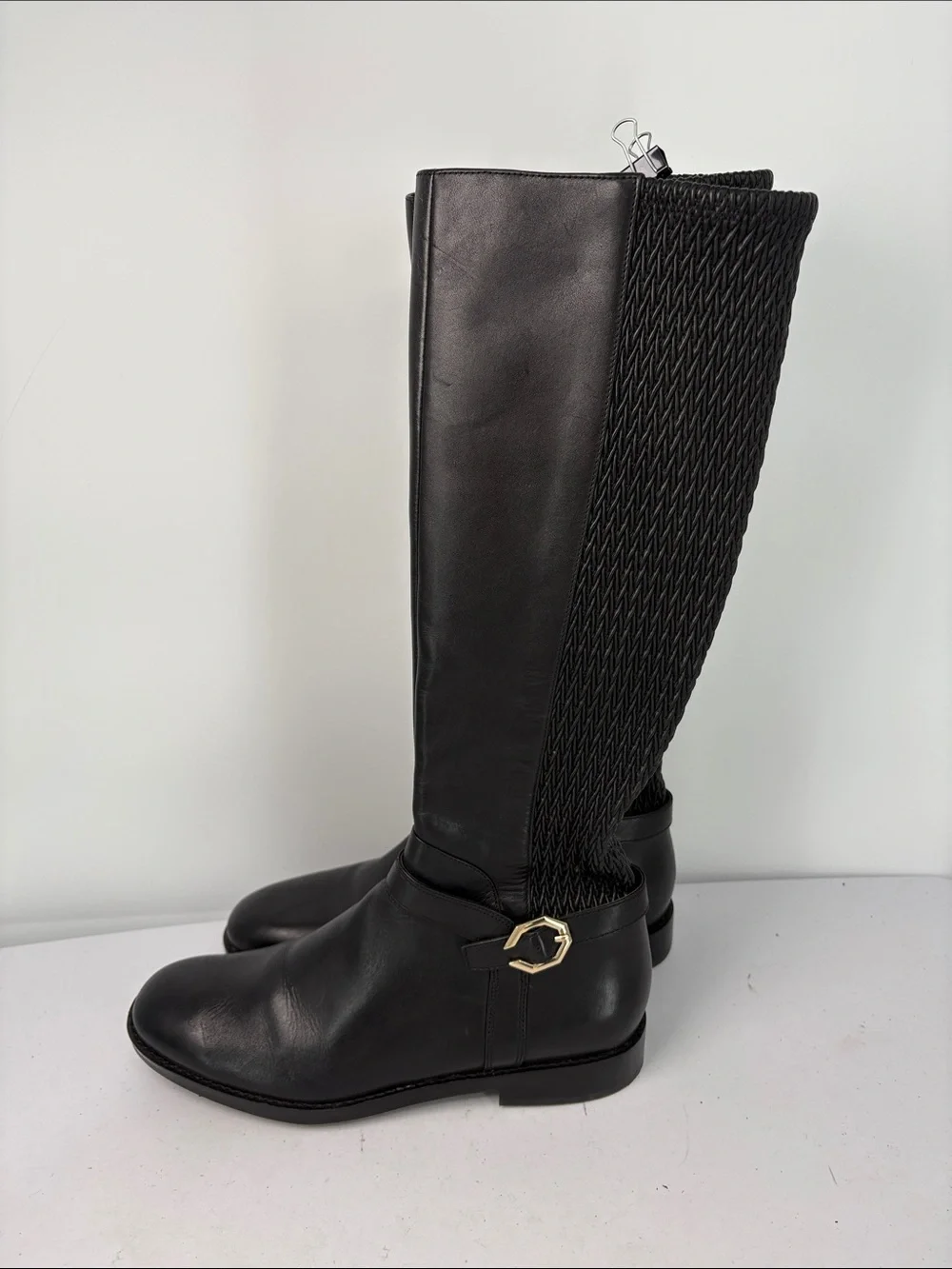 🥯 Cole Haan Black to-the-Knee Leather Stretch Boots with Gold Buckle